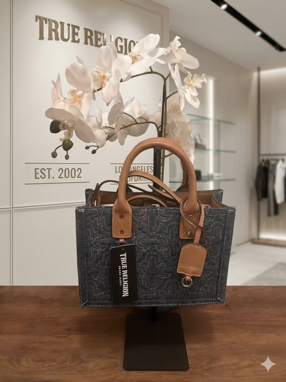 True Religion Denim Tote with Brown Leather Accents